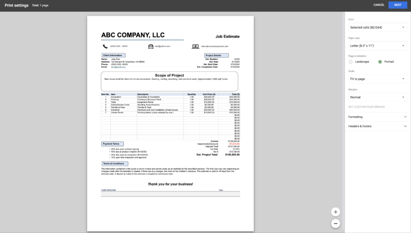 The job estimate in the print settings window, ready to print on one page.
